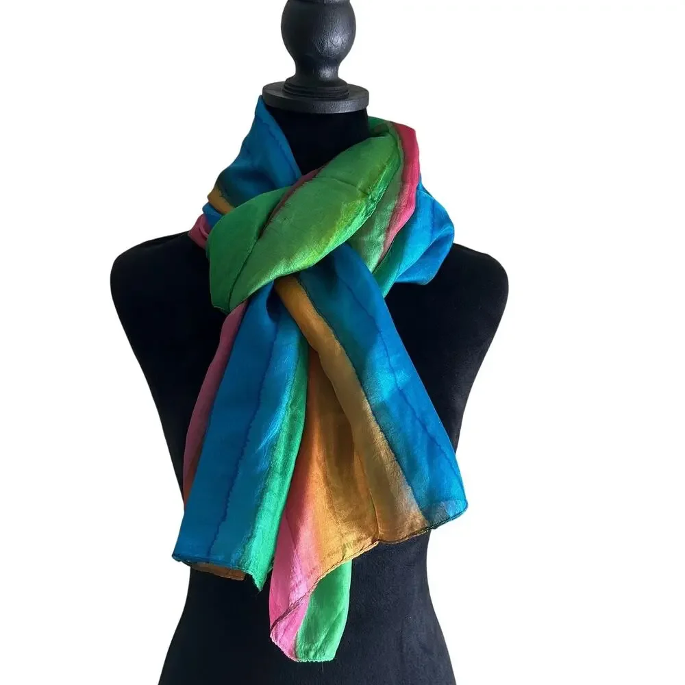 Colorful Silk Scarf Wrap Rainbow Striped Shawl Rectangular Lightweight Womens OS